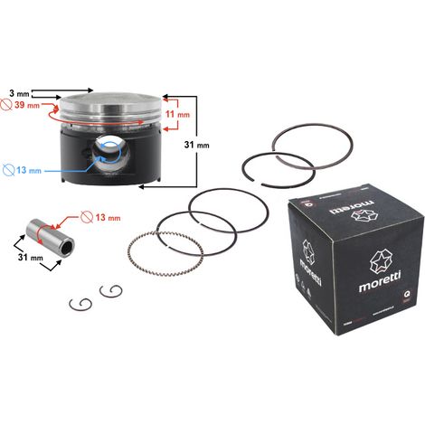 Piston 4T pour scooter Moretti 50cc, diamètre 39 mm, course : 13 mm, course : 17,2 mm, graphite, complet (1/4)