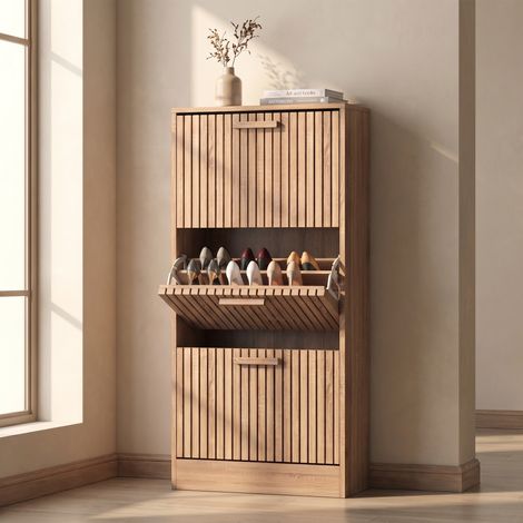 Scarpiera in legno stretta 60x24x113 cm, mobile da ingresso con ante a ribalta traspiranti e sistema anti-ribaltamento, stile naturale, Rovere chiaro