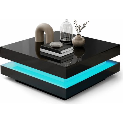 Table basse carrée LED Bluetooth 70 x 70 x 36 cm, finition noire, effet lumineux multicolore, plateau robuste 45 kg, style futuriste - CHICFURN (1/5)