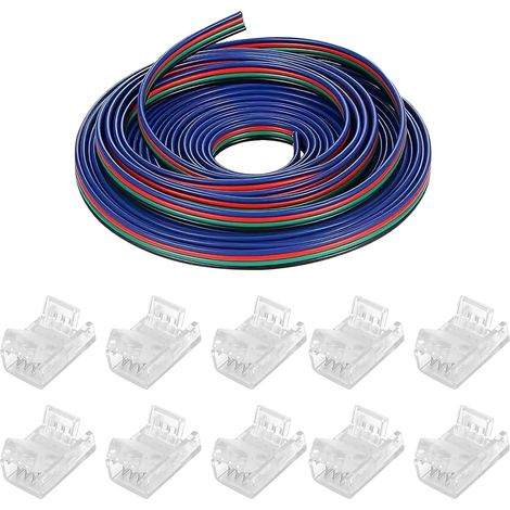 LED Strips Connector Kit 4 broches 10 mm avec 5 m de câble d’extension – Kit sans soudure pour rubans LED SMD 3528/2835/5050/5630, 12 V/24 V RGB – Câble 4 fils flexible pour décoration intérieure (1/5)