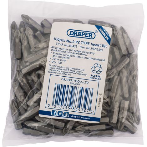 Draper No.2X25mm PZ Type 1/4" Hex Insert Bits (Bag of 100) - Model 83432 (1/5)
