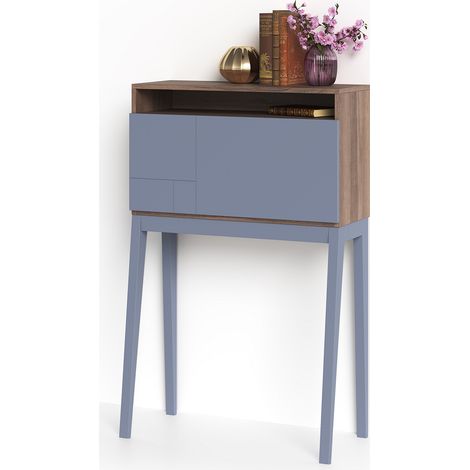 Escritorio BRISTOL en melamina Nogal con puerta abatible y patas de haya Azul, de Herdasa.