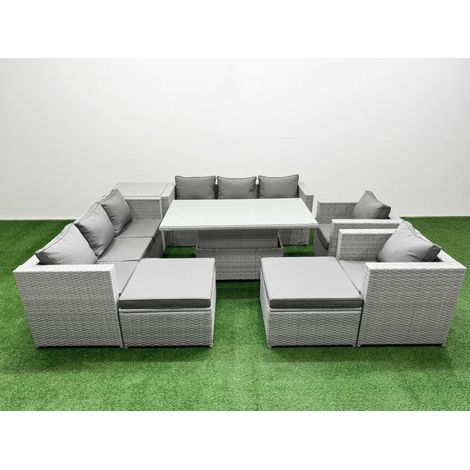 Fimous 8 PCs Rising Dining Table Set Rattan Furniture Set with 3 Seater Sofa Chair 2 Big Footstools Side Table Light Grey (1/5)