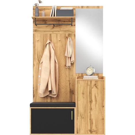 Armoire compacte avec miroir et banc, meuble d'entrée avec étagère à chaussures et crochets, armoire