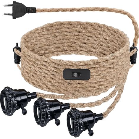 Kit de Suspension en Corde de Chanvre - Douille Avec Prise et Interrupteur - Câble E27 - Ampoule non comprise - Suspension Rétro DIY pour Salle à Manger et Maison (1/5)