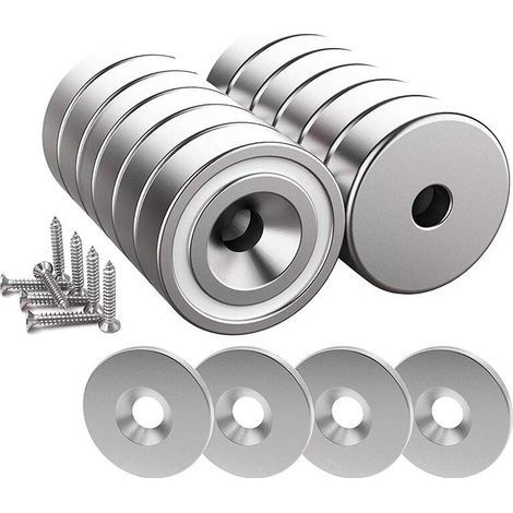 12 pièces Aimants en néodyme 10 KG force 20 x 7 mm avec trou et capsule, aimant en pot fraisé avec vis et 12 coussins en acier (Argent Brillant) (1/4)