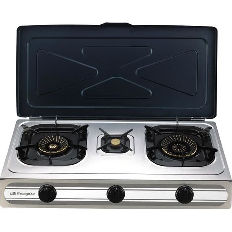 Orbegozo hornillo a gas FO 3500, 3 quemadores, gas butano o propano, uso exterior, cuerpo inox