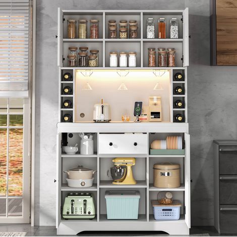 MEUBLIV Küchenbuffet Weiß 105x40x180 cm – mit LED, integrierten Steckdosen und Flaschenregal (1/5)