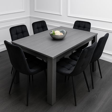 Dining Table and 6 Chairs  Black Dark Grey 6 Black Velvet Chairs Wood Dining Set Furniture (1/5)