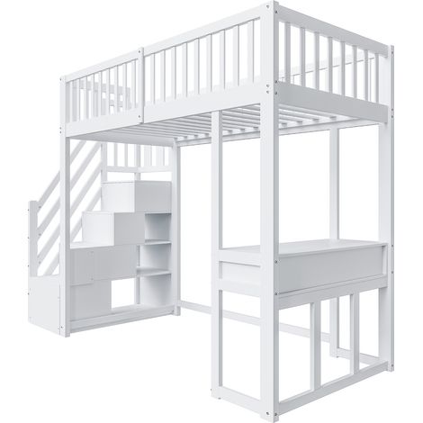 Letto a soppalco 90 x 200 cm bianco con tavolo multifunzione e scala contenitore in pino (1/5)
