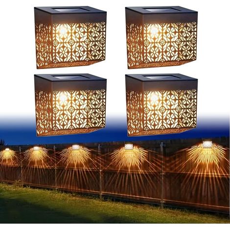 Lot de 4 appliques murales marocaines solaires en métal pour clôture de jardin à énergie solaire, étanches, lumières décoratives pour clôture de jardi (1/4)
