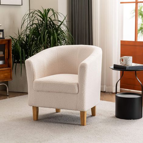 Boucle Fabric Cream Tub Chair Wooden Legs Armchair Living Room Modern Office