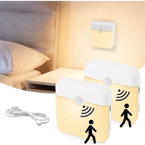 Set di 2 luci notturne con sensore di movimento - LED bianco caldo dimmerabile, ricaricabili tramite USB-C, con fissaggio magnetico per scale, camera da letto e cucina (accensione/spegnimento automati (1/4)