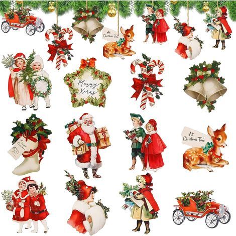 Décorations de Noël Vintage en Bois pour Sapin, Lot de 12 Ornements Suspendus Père Noël, Renne, Cloche, Tranches, Étiquettes et Canne pour Fête à Domicile (1/5)