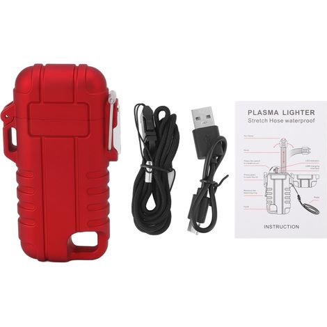 Briquet rechargeable USB étanche sans flamme à double arc coupe-vent avec trou de suspension pour camping Rouge (1/5)