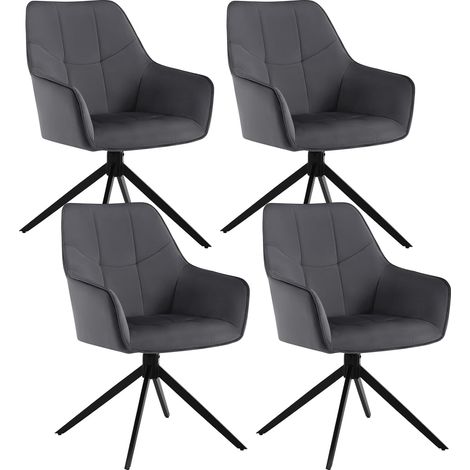 Woltu – Lot de 4 chaises pivotantes 360° en velours et métal – Dossier ergonomique – Dimensions assise 41x45cm – Charge max 150kg – Gris foncé (1/5)