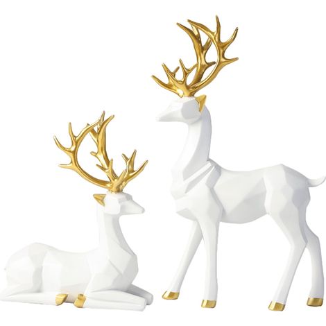 Statue Cerf - Statue Renne en Résine Blanche - Décoration de Table Bureau Étagère Entrée - 2 Pièces (1/5)