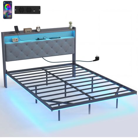 140 x 190 cm großes Bettgestell mit Stahllattenrost, schwebendes Doppelbett mit RGB-LED-Beleuchtung und Ladestation, grau