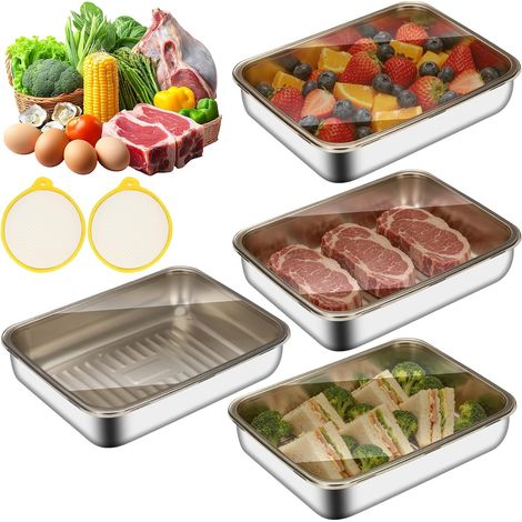 Lot de 4 boîtes de conservation en acier inoxydable avec couvercle,Récipients à charcuterie Compatible au four congélateur,Boite de Conservation Alimentaire Pour Fromage, Viande, Boîte à Saucisses (1/5)