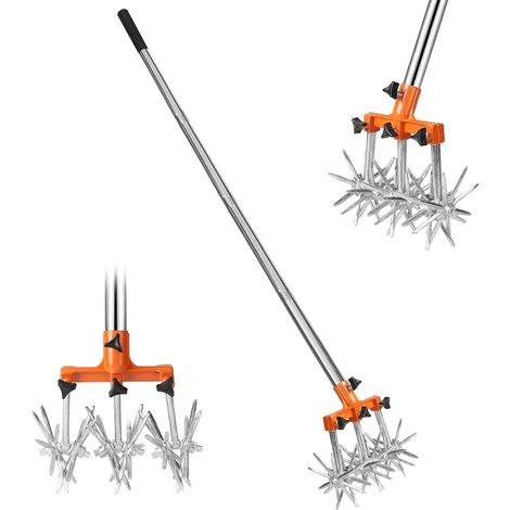 Cultivateur Rotatif Réglable Emietteur Terre Manche Rétractable Dents amovibles en métal massif, acier inoxydable, pour jardin et pelouse, mélange le sol (1/5)