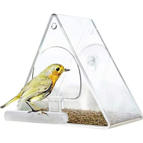 Mangeoire triangulaire suspendue en acrylique transparent pour oiseaux, idéale pour les jardins, cours, patios et balcons.