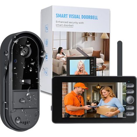 Sonnette Sans Fil Exterieur Etanche 1080P avec Camera Écran IPS 4.3 Pouces Bluetooth Sans WiFi Vision Nocturne Interphone Video Sans Fil Portier Video 120° Audio Bidirectionnel IP65 (1/5)