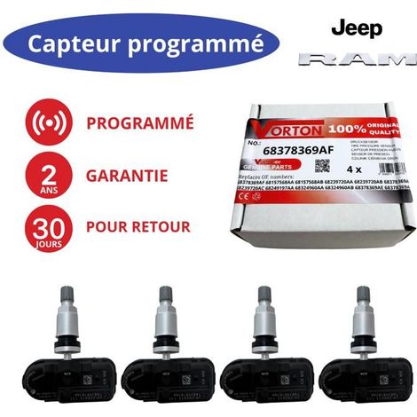 Sensore TPMS 4x programmato 433MHz per RAM 1500/2500/3500 (2014-2024) e Jeep Cherokee (2014-2023) - 68378369AB