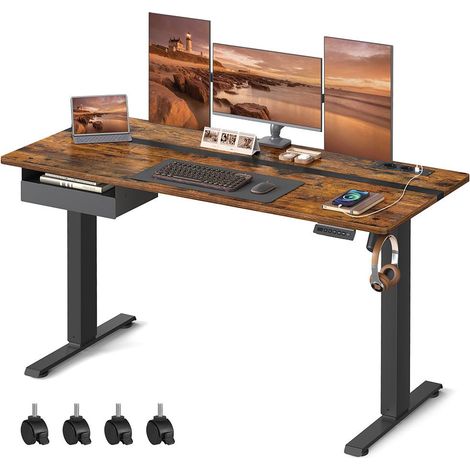 Bureau assis-debout réglable en continu 60 x 140 cm fonction mémoire ergonomique style rustique en bois marron (1/2)