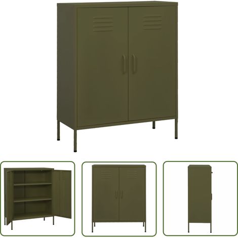 The Living Store Beistellschrank Olivgrün 80x35x101,5 cm Stahl - Lagerschrank - Stauraum - Wohnzimmermöbel - Garderobe - Metallregal (1/5)