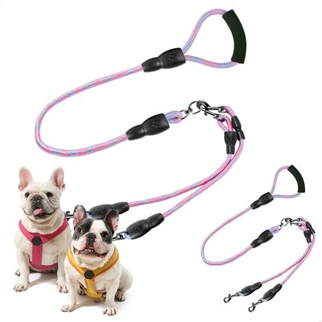 Laisse Double pour 2 Chiens,Laisse à Pivotante à 360°avec 2 Mousquetons,Canicross Anti-Dérapante Réglable avec Poignée éponge pour Chiens de Petite et Moyenne Taille,1 Pièce,Rose (1/5)