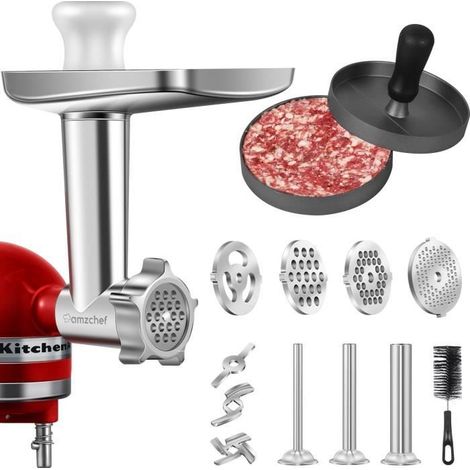 Accessoire broyeur pour mélangeur KitchenAid, 3 tubes et supports de remplissage de saucisses, 4 disques, 2 lames, presse à hamburge (1/4)