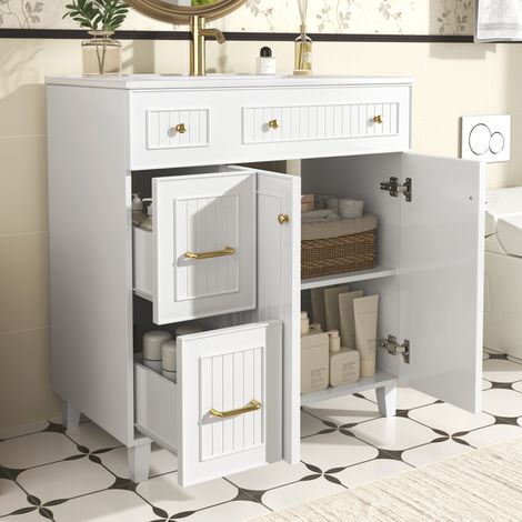 Mueble bajo lavabo 81,7x46,8x90 cm en MDF blanco con almacenamiento para baño FloraGrace (1/5)