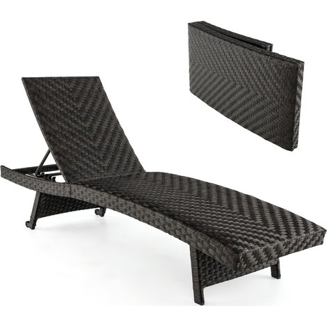Chaise Longue Pliable en Rotin PE Dossier Inclinable à 5 Positions 2 Roues Arrière Patins Antidérapants Bain de Soleil Marron Maison Chic (1/4)