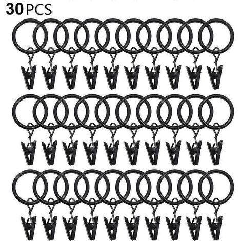 Lot de 30 anneaux de rideaux avec pinces, crochets et pinces robustes pour tringle à rideaux, œillets métalliques de diamètre intérieur, supports de rideaux décoratifs pour fenêtres.-Black