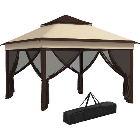 Gazebo 3x3 réglable sur 3 niveaux avec parois amovibles, en acier et toile Oxpourd, coloris café et beige