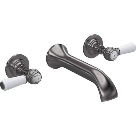 Hudson Reed White Topaz Lever 3-Hole Basin Mixer Tap Wall Mounted - Brushed Pewter (1/2)