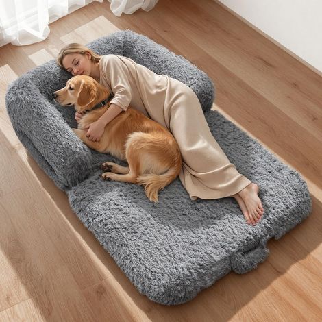 Lit pour Chien Humain 181x111x22 cm Panier Géant pour Chien en Mousse Mémoire Forme Orthopédique avec Poche Latérale, Poignée, Fermeture Éclair, Housse Amovible, Lavable en Machine, Gris Foncé (1/5)