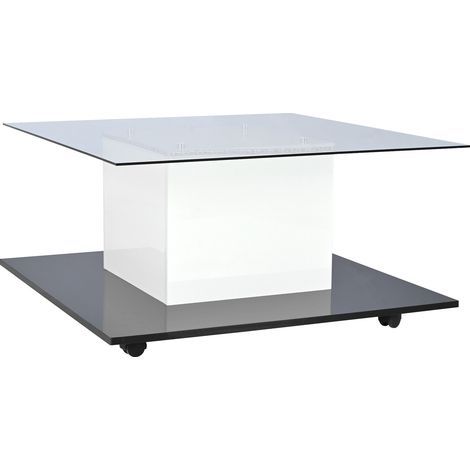 Couchtisch aus gehärtetem Glas mit LED und Lenkrollen, Weiß und Schwarz (1/5)