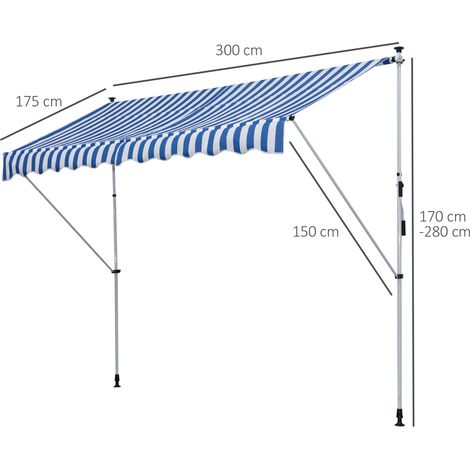 Store banne à manivelle, L 300 x l 150 x H 170-280 cm, hauteur réglable, déperlant, montage facile, aluminium, polyester, bleu/blanc (1/5)