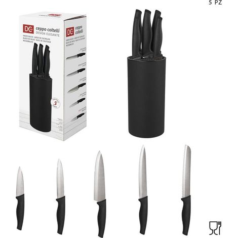 TrAdE Shop Traesio - Set Ceppo 5 Pezzi Coltelli Coltello Nero Design Elegante Utensili Da Cucina - (1/4)