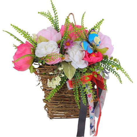 (Image réelle du produit H1-26) Panier suspendu fleuri rouge printemps/été avec nœud et couronne, panier suspendu fleuri d'été pour la décoration intérieure (1/2)
