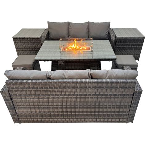 Fimous Garden Outdoor Rattan Furniture Set Rattan Love Sofa 3 Seater Sofa with 2 Small Stools 2 Side Tables Dark Grey Mixed (1/4)