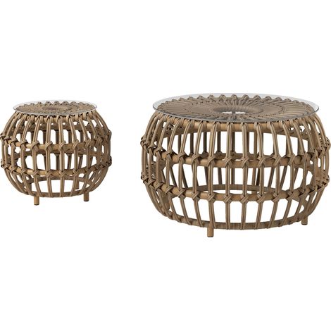 2er Set Beistelltisch Polyrattan Ø66/42 cm rund wetterfest Gartentisch mit Glasplatte Outdoor Balkontisch Couchtisch Gartenmöbel für Garten, Balkon Braun 