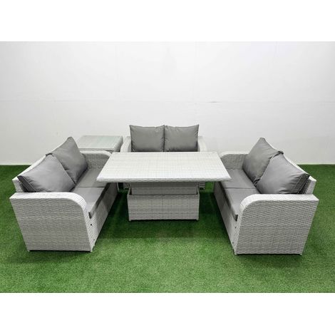 Fimous 6 Seater PE Wicker Rattan Furniture Sofa Sets with Adjustable Lifting Dining or Coffee Table 2 Seater Love Sofa Side Table Light Grey (1/5)