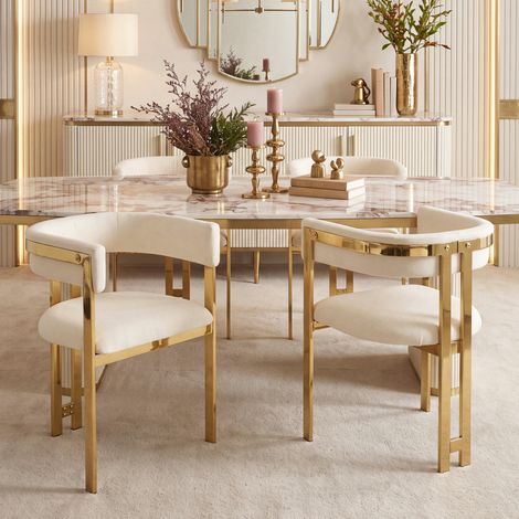 Juego de 6 sillas de comedor, respaldo semicircular en C, chenilla, estructura metálica dorada, beige (1/5)