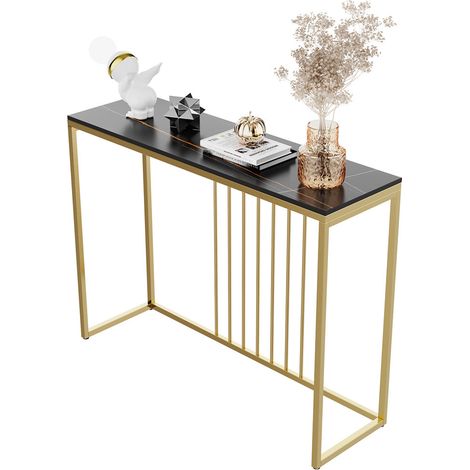 Konsolentisch Marmor Schmal Eingangtisch mit Gold Metallgestell, Flurtisch für Schlafzimmer Wohnzimmer 100×30×79cm Schwarz (1/5)