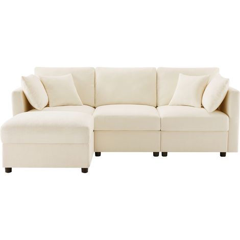 CAIziCanapé d’angle en L avec pouf, convertible en canapé 3 places, avec 4 coussins et accoudoirs réglables, en tissu chenille confortable, adapté au salon, au bureau et à l’appartement, beige. Avec v (1/5)