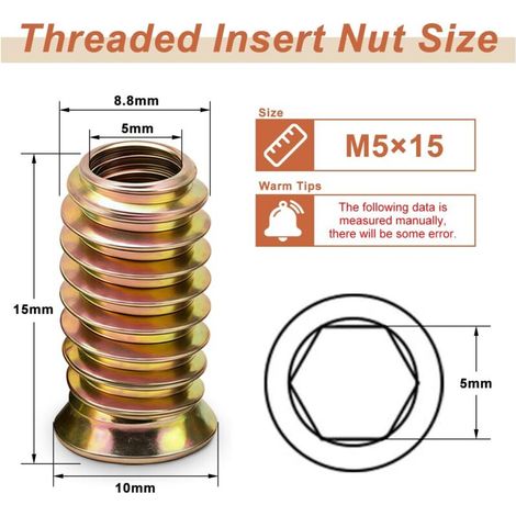 M5 Insert Fileté Bois, 40 Pièces écrous à Visser M5 X 15mm Manchons à Visser Galvanisés écrou Hexagonal Fileté pour Meubles en Bois (1/4)