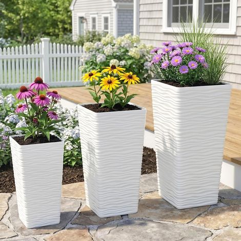 Ensemble de 3 jardinières d'extérieur empilables à motif ondulé, en plastique, 42/55/65 cm, blanches (1/5)