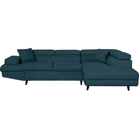 Canapé d'angle droit convertible RIO Scandinave avec coffre en tissu - Bleu, Pieds noir (1/5)